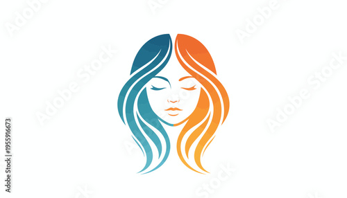 Stylized Woman's Face with Split Hair Color: Blue and Orange, Representing Balance and Contrast