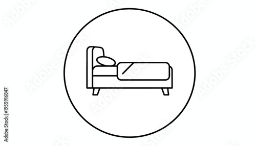 Simple Line Icon of a Bed with Pillow and Blanket Inside a Circle