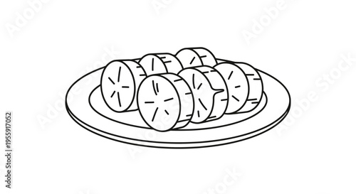 Sliced Banana on Plate - Simple Line Art Illustration