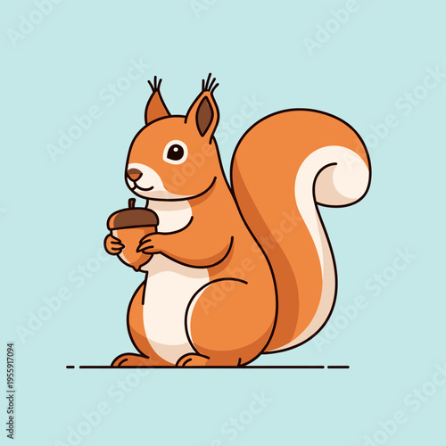 A cute cartoon illustration of a fluffy orange squirrel holding an acorn in its paws against a light blue background.