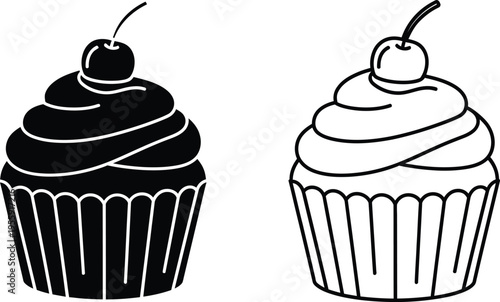 Cupcake Icons Set with Cherry Topping Vector