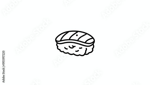 Simple hand-drawn sushi icon, minimalist salmon nigiri illustration, black and white line art.