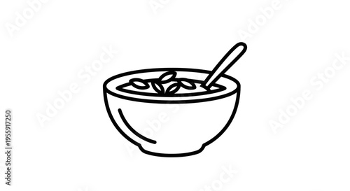Simple Line Art Bowl of Cereal with Spoon, Healthy Breakfast Icon