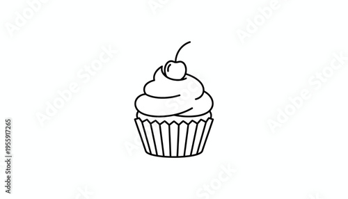 Simple Line Art Cupcake with Cherry on Top, Minimalist Dessert Icon