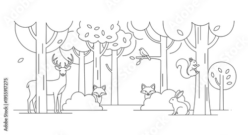 A minimalist line art illustration depicting various wild animals in a forest with trees and bushes, suitable for a coloring book.