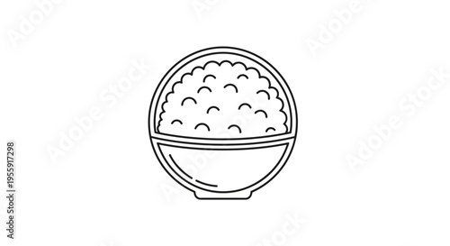 Simple line art icon of a bowl filled with rice, minimalist food illustration