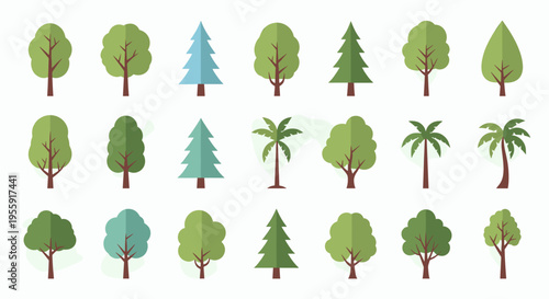 A collection of various stylized flat design trees, including deciduous, coniferous, and palm varieties, presented in a grid layout.
