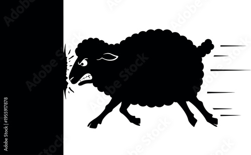 Angry Black Sheep Charging Toward Barrier in Motion Illustration