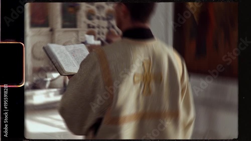 Orthodox priest reading bible during liturgy