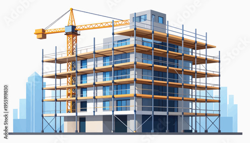 Modern Building Construction Vector: High-rise Structure Development with Tower Crane and Scaffolding, Isolated on White Background.