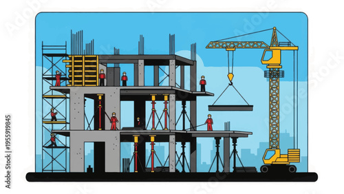 Retro Illustration of Building Construction Site. Engineering, Development, Workers and Crane working on Concrete Frame Structure.