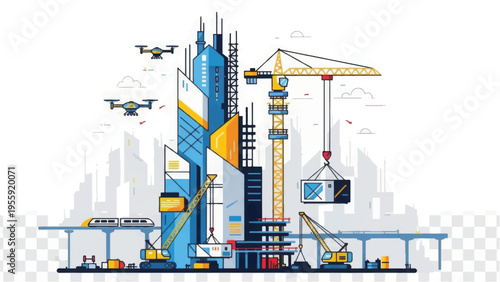 Future Construction Site Vector: Smart City Building, Automation Technology, Cranes, Drones, and Modern Infrastructure Development