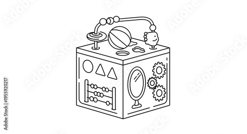 Line Art Illustration of a Wooden Activity Cube Toy for Babies and Toddlers