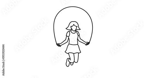Girl jumping rope, active childhood, outdoor fun, exercise, healthy lifestyle, black and white illustration