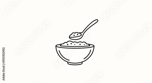 Hand Drawn Icon of Oatmeal Bowl with Spoon, Simple Line Art Breakfast Food Illustration