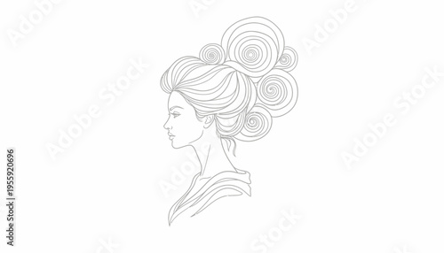 Elegant Woman Profile Line Art, Japanese Geisha Hairstyle, Minimalist Beauty Illustration
