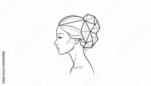 Elegant Woman Profile with Geometric Hairstyle, Minimalist Line Art Illustration