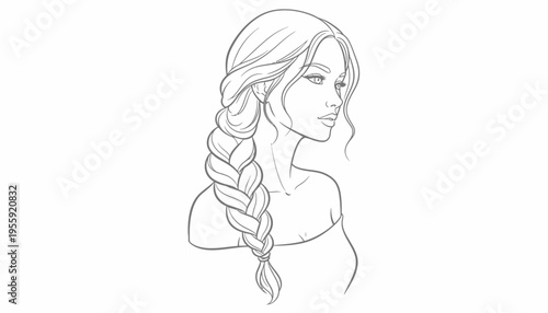 Elegant Woman with Braided Hairstyle, Profile View, Sketch Style