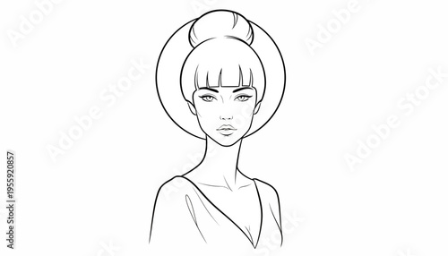 Elegant Woman with Stylish Hair and Hat, Fashion Illustration, Line Art Portrait