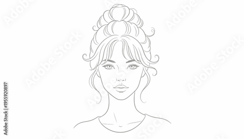 Elegant Woman's Hairstyle Sketch: Updo with Bangs and Curls