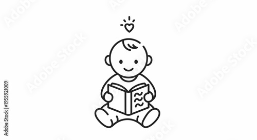 Cute baby reading a book with a heart above head, simple line art icon