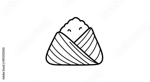 Cute Kawaii Onigiri Rice Ball Character with Happy Face, Simple Line Art