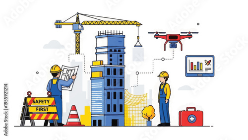 Smart Construction Site with Drone Monitoring and Safety First Protocol. Engineering Technology and Digital Building Management Illustration.