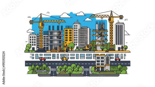 Outline Illustration of Cityscape Under Construction: Urban Development, Building Site with Cranes and Modern Architecture