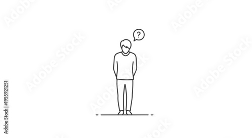 Confused man with question mark in thought bubble, minimalist line art illustration