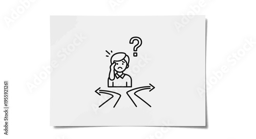 Confused person at crossroads, decision making, choice, question mark, arrows pointing different directions