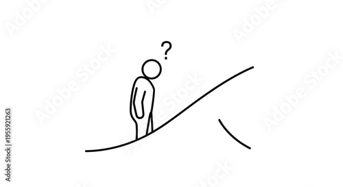 Confused stick figure on a slope with a question mark, uncertainty, doubt, decision making
