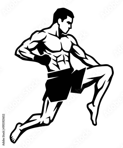 Muay Thai flying knee kick silhouette in a powerful jumping strike pose. Aggressive combat sports athlete vector for MMA gym and training apparel