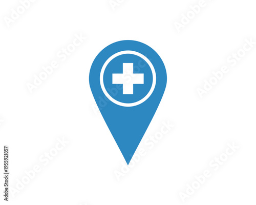 Blue location pin with medical cross symbol