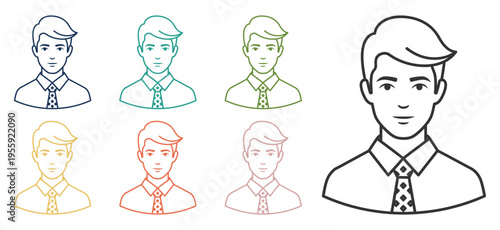A collection of stylized cartoon man illustrations in various colors and line styles