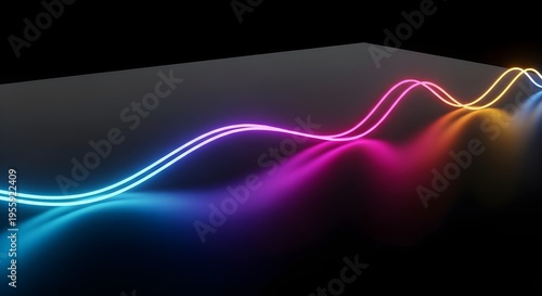 Representación 3D de una representación vibrante y abstracta de ondas de luz en varios colores neón sobre un fondo oscuro.
 Ecualizador de música estilo Synthwave.
 Visualización de fluctuaciones.