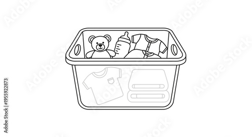 Baby Laundry Basket with Clothes, Teddy Bear, and Bottle - Cleanliness and Care Concept