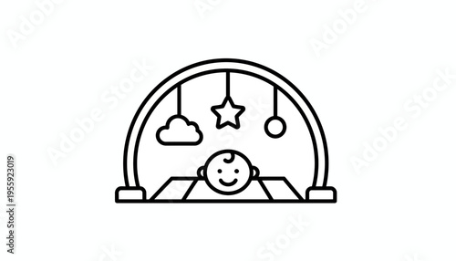 Baby playing under a play gym with hanging toys, line art icon