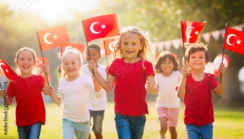 Happy diverse children celebrating Turkish 23 April Children's Day, running with flags in a sunny park