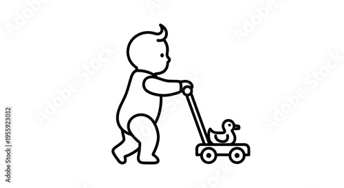 Baby Pushing Toy Duck on Wheels, Learning to Walk, First Steps, Cute Toddler Icon