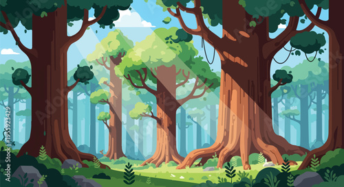 Enchanting stylized forest landscape with towering trees and ethereal sunbeams illuminating the verdant undergrowth