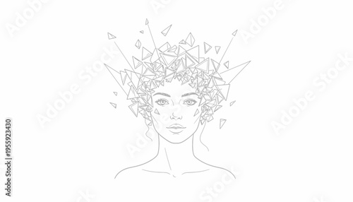 Abstract Woman Portrait with Geometric Explosion Head, Creative Mind Concept