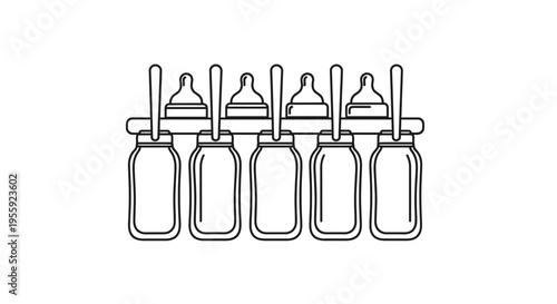 Baby Bottle Drying Rack with Multiple Bottles Lined Up