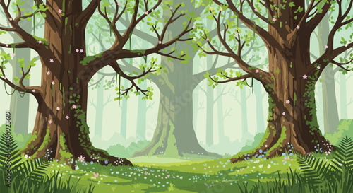 Whimsical forest illustration with ancient, mossy trees, delicate blossoms. Lush ground features ferns, wildflowers, soft light. Serene nature abode.