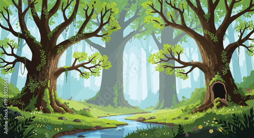 Vibrant animated forest landscape with a flowing river and colossal ancient trees