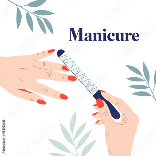 A close-up illustration of a person getting a manicure, with one hand holding a nail file and shaping the nails of another hand, featuring red nail polish and decorative leaves.