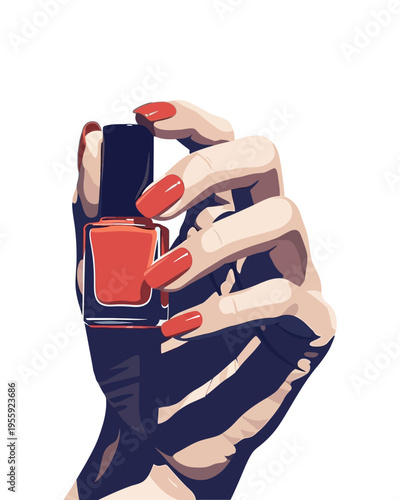 A hand with red painted nails holding a bottle of red nail polish against a white background.