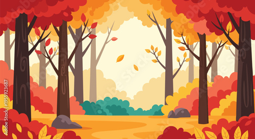 A vibrant autumnal forest scene illustration with stylized trees displaying fiery red and golden foliage, capturing the essence of fall's serene