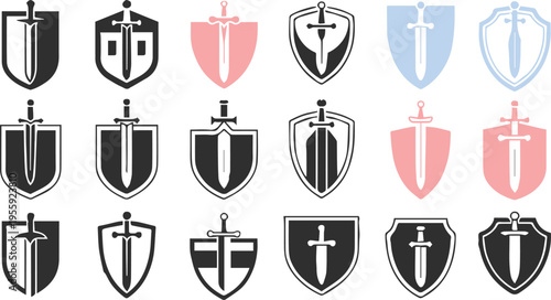 shield sword icons stylized heraldic emblems vector pack badges