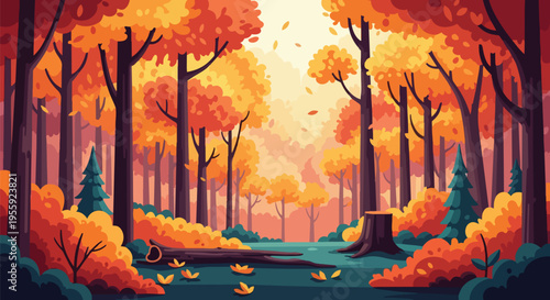 A captivating autumnal forest landscape illustration with warm hues, fallen leaves, and robust trees under a glowing sky, evoking a serene natural