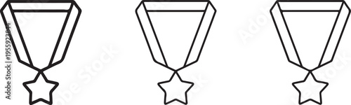 medal trio ribbon star line drawing award icon set for design use